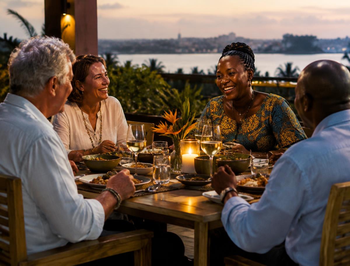 Travellers sharing a relaxed dinner with a Ghanaian host