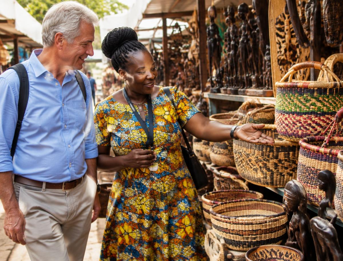 A guide showing a traveller the crafts market in Accra